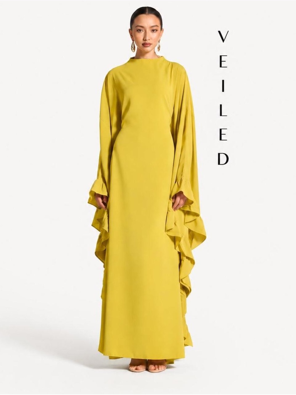 Veiled Yellow Ruffle-Sleeve Maxi Dress